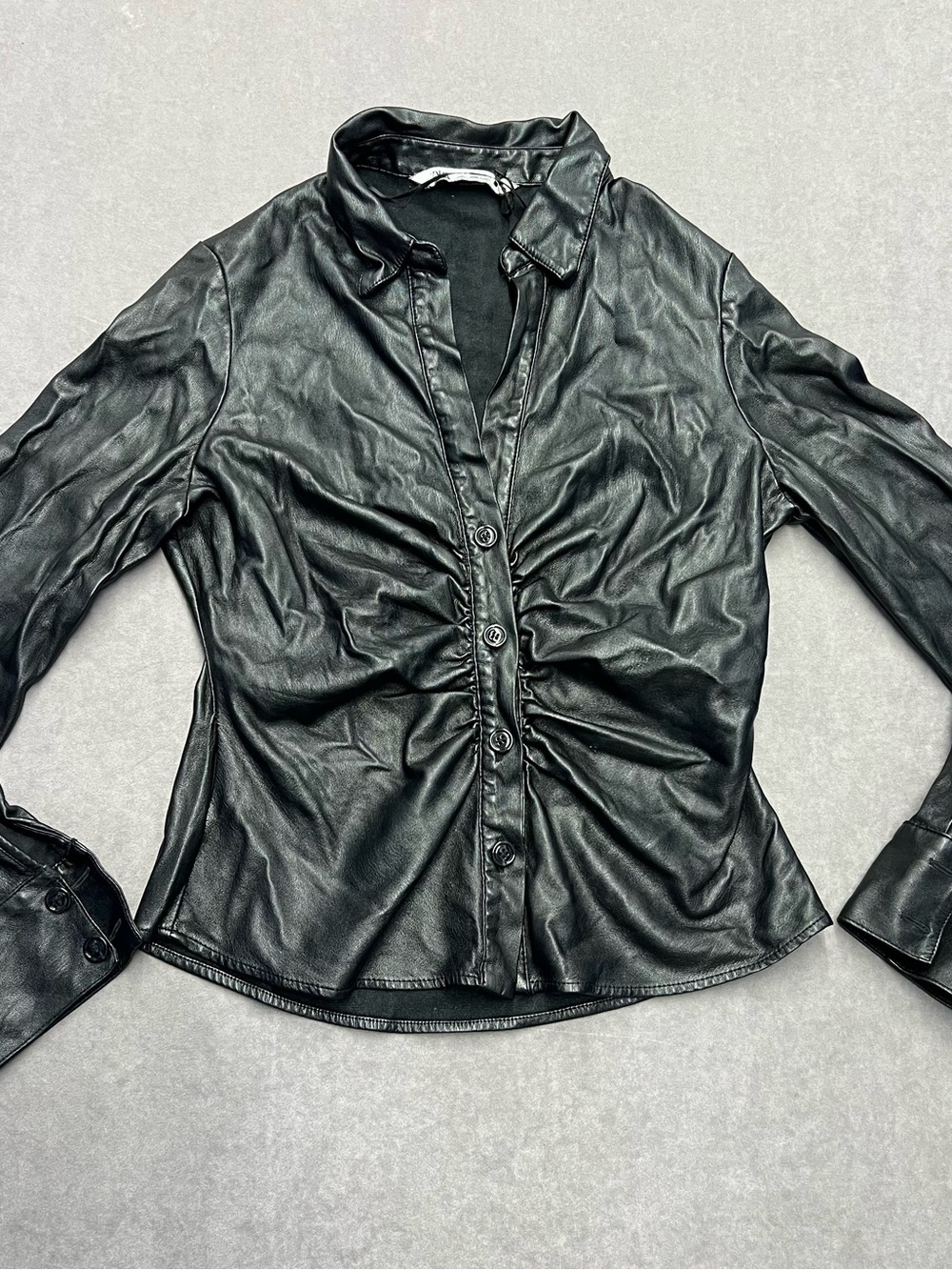 Zara Black Faux Leather Ruched Button-Up Jacket